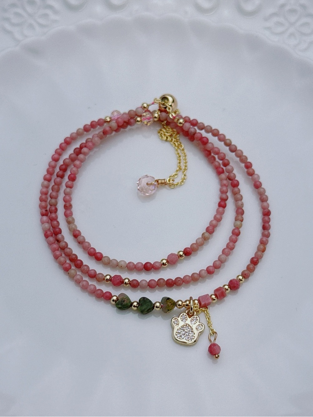 GB95 Handmade Pink Rhodonite Triple Layer Bracelet Necklace 2in1 20+5”
